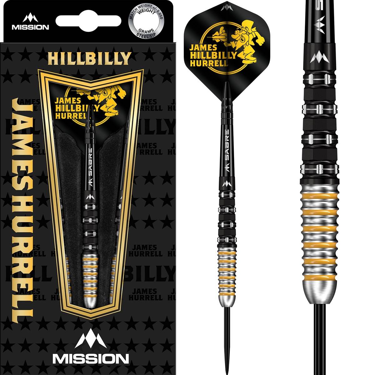 Mission James Hurrell V2 Black PVD & Yellow 90% Steeldarts 22/24/26 Gramm Steeldarts
